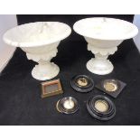A pair of blue and white baluster shaped table lamps and a pair of alabaster table lamps