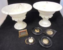 A pair of blue and white baluster shaped table lamps and a pair of alabaster table lamps