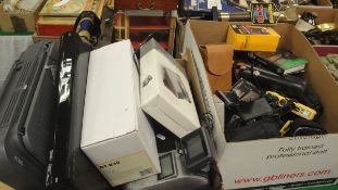 Two boxes of various camera equipment, Panasonic DVD Player, leather cased Polaroid camera,