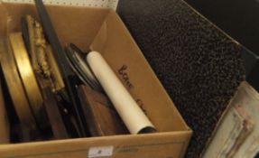 A box containing various gilt frames and other frames, prints,