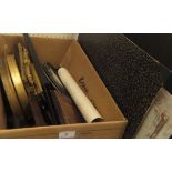 A box containing various gilt frames and other frames, prints,