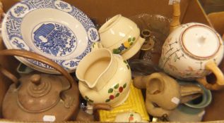 A box of various china wares to include Bourne Denby dog figure, set of three Titian ware jugs,