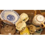 A box of various china wares to include Bourne Denby dog figure, set of three Titian ware jugs,