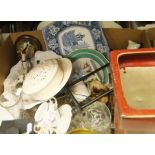 Six boxes of various china ware, glass ware, paintings and prints, modern fire kerb,