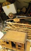 Two boxes of various wooden and other toys and ornaments including gypsy caravans,