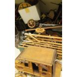 Two boxes of various wooden and other toys and ornaments including gypsy caravans,