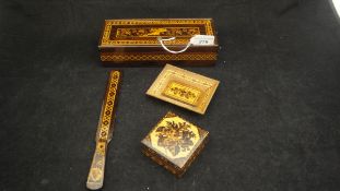 A Tunbridge ware rectangular box with lock, a Tunbridge ware decorated paper knife,