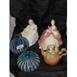 Two Mdina glass vases, a Coalport figurine "Summer Daydream",