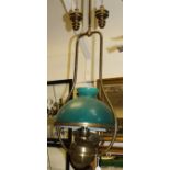 A brass ceiling light with green glass shade in the Victorian manner together with a box of various