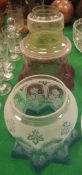 Three Victorian glass oil lamp shades, a pressed glass bowl, selection of wine glasses,