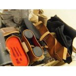 A box containing eight pairs of binoculars, various leather driving gloves, British Rail coat,