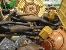 A box of treen wares to include carved African figures, boxes,