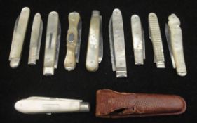 A selection of seven various mother of pearl handled silver bladed folding fruit knives,