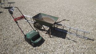 A Qualcast Concorde 32 lawnmower together with an aluminium step ladder and wheelbarrow