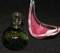 A Whitefriars bubble glass candlestick with a green ground and a pink ground studio glass ornament