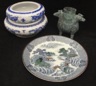 A pair of 20th Century Chinese blue and white decorative bowls each bearing six character marked to
