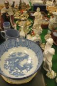A collection of decorative china wares to include a blue Jasper ware loving mug to commemorate The