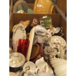 Two boxes of various china wares, place mats, glass candlesticks,