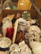 Two boxes of various china wares, place mats, glass candlesticks,