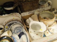 Five boxes of various china wares including Gilbey Vintners Rich Golden Sherry barrel,