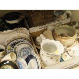 Five boxes of various china wares including Gilbey Vintners Rich Golden Sherry barrel,
