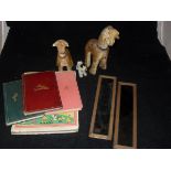 Two hand painted magic lantern slides, two wood wool filled velvet covered toy giraffes,