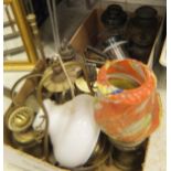Two boxes of various Victorian and other oil lamps, copper kettle,