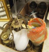 Two boxes of various Victorian and other oil lamps, copper kettle,