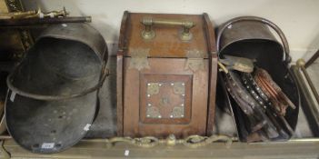 A collection of various metalwares to include copper coal helmets, bellows, fire guards, fire kerbs,