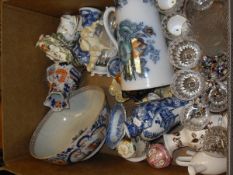 A box of various china wares to include a Chinese polychrome decorated punch bowl,