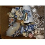 A box of various china wares to include a Chinese polychrome decorated punch bowl,