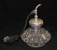 A late Victorian lotus leaf and lozenge cut glass atomiser with embossed silver mounts (by John