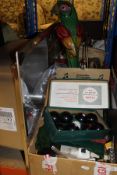 A box of various cutlery, carpet bowls set etc together with another box of 78's,