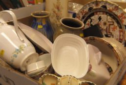 Five boxes of assorted decorative plates, vases and various glass wares, table lamps, games,