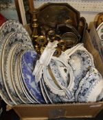 A box containing various metal wares including candlesticks, dishes, trench art, paperknife,