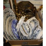 A box containing various metal wares including candlesticks, dishes, trench art, paperknife,