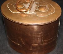 A Newlyn School Arts and Crafts copper biscuit barrel and cover,
