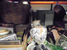 Six boxes of sundries to include various china, glassware, cutlery, baskets,