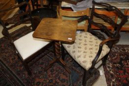Two mahogany framed armchairs in the manner of Chippendale, three various dining chairs,