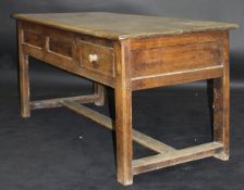 A 19th Century elm kitchen table with planked top and two frieze drawers,