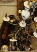 A selection of metal and treen wares to include a pair of rosewood candlesticks,