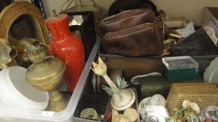 Three boxes of sundries to include oil lamp, wicker frame mirror, painted metal lantern,