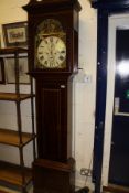 A 19th Century mahogany long case clock with swan neck pediment above a mahogany and satinwood