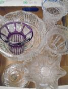 A box of various glassware to include a Bohemian style overlaid glass vase,