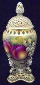 A Royal Worcester pot pourri vase decorated with peaches,