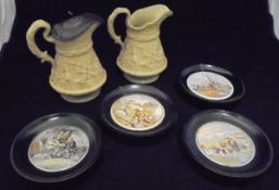 Four pieces of Glynn Colledge pottery, two W Ridgway & Co relief ware jugs published October 1 1835,