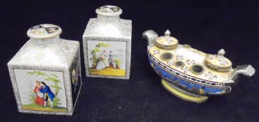 A pair of modern Dresden porcelain figural decorated tea caddys and a Continental porcelain boat