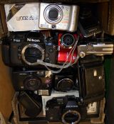 Four boxes and contents of various cameras, photographic lamps,