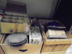 Four boxes of various sundries including glasses, trays,