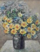 RABOUS (20th Century) "Flowers in a vase on a table", a still life study, oil on canvas,